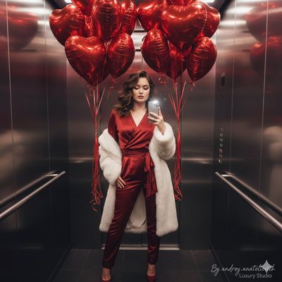 A Luxurious Moment in the Elevator: Satin, Balloons & Glamour