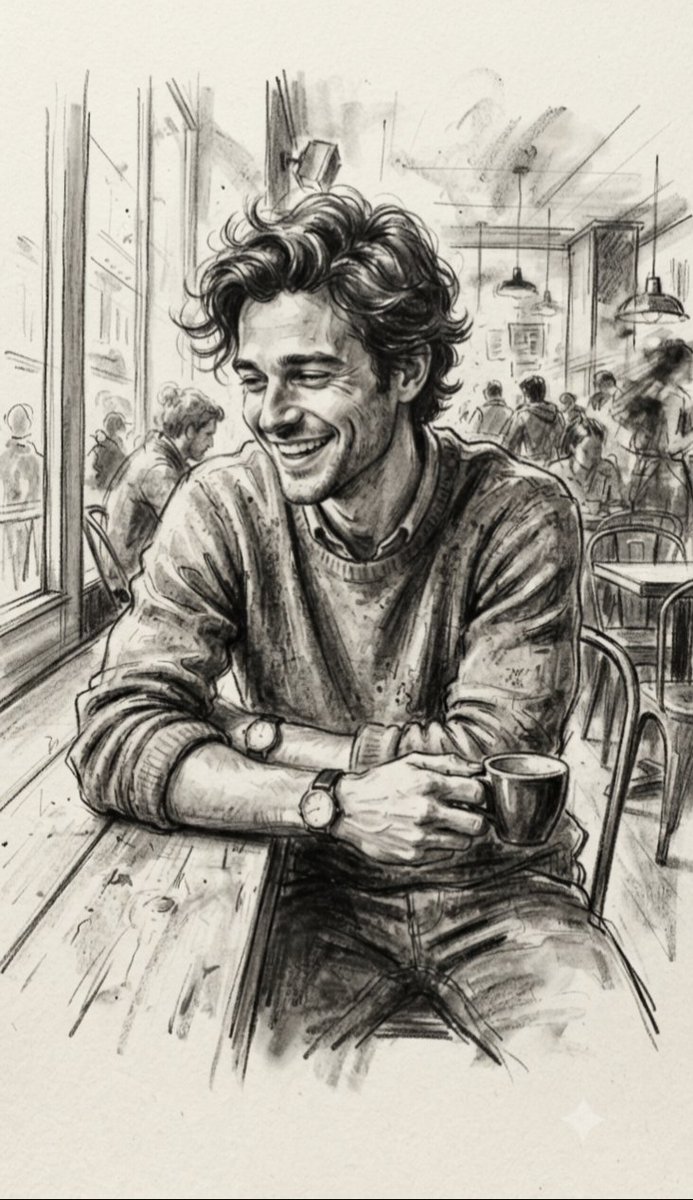 A handsome man smiles warmly in a charcoal cafe sketch