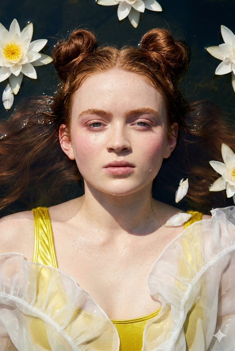 Sadie Sink floats serenely on dark lake water