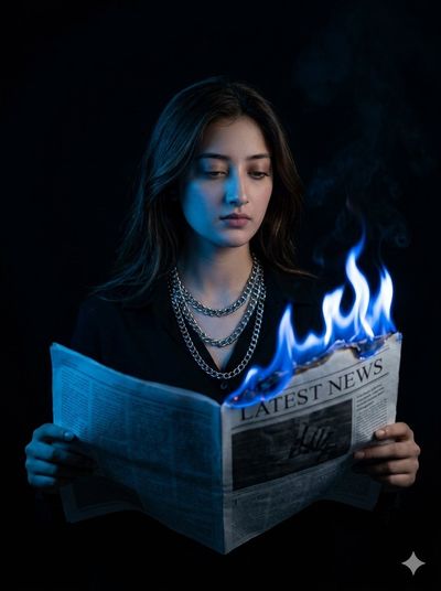 Woman holds a flaming newspaper in dramatic blue light