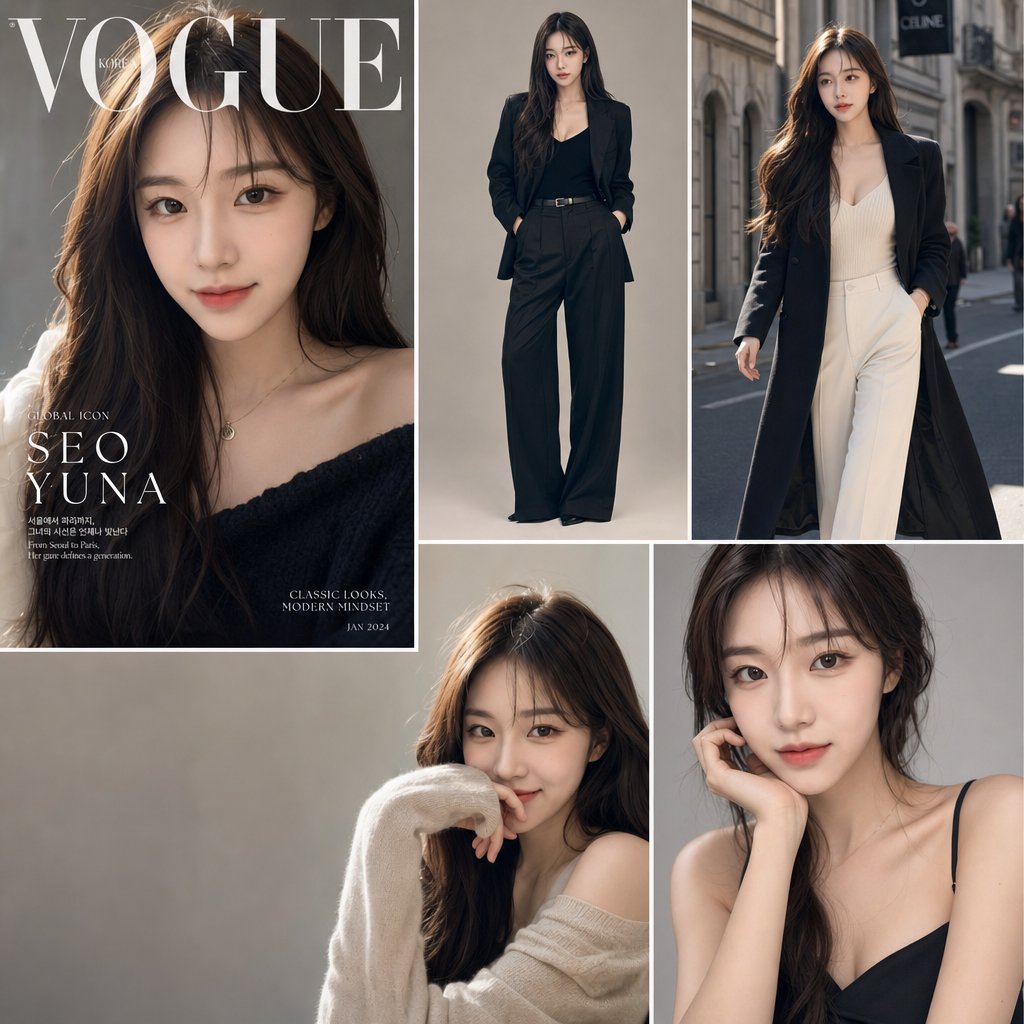 A celebrity model poses for Vogue in clean studio light