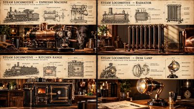Sepia Draft and Polished Steel Locomotive Homewares in Grid