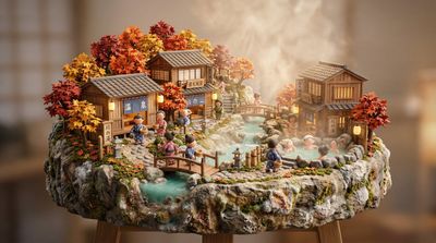 Tiny Onsen Village in Autumn: A Clay Diorama