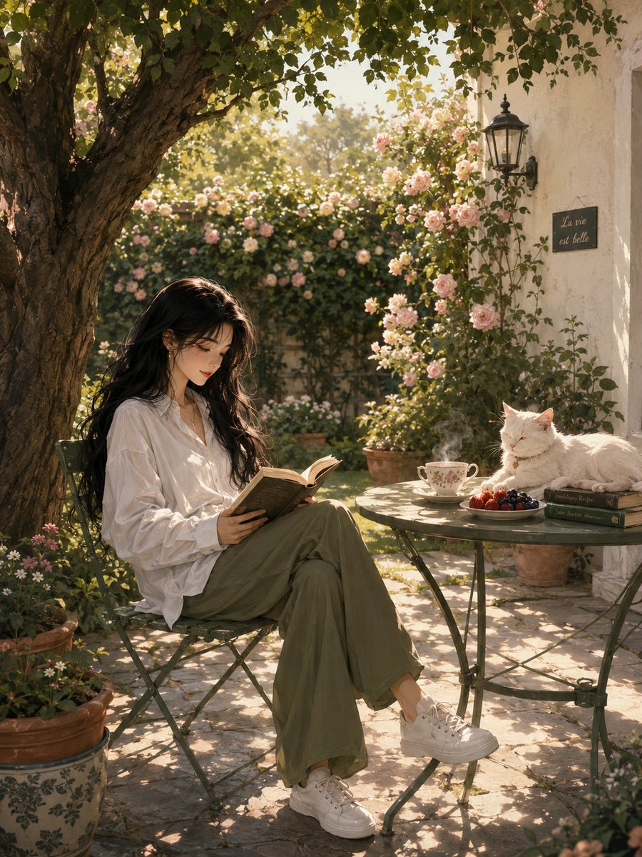 A young woman reads in a sunlit garden with her cat.
