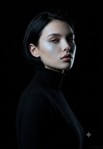 A model in a black turtleneck turns with cold intensity.