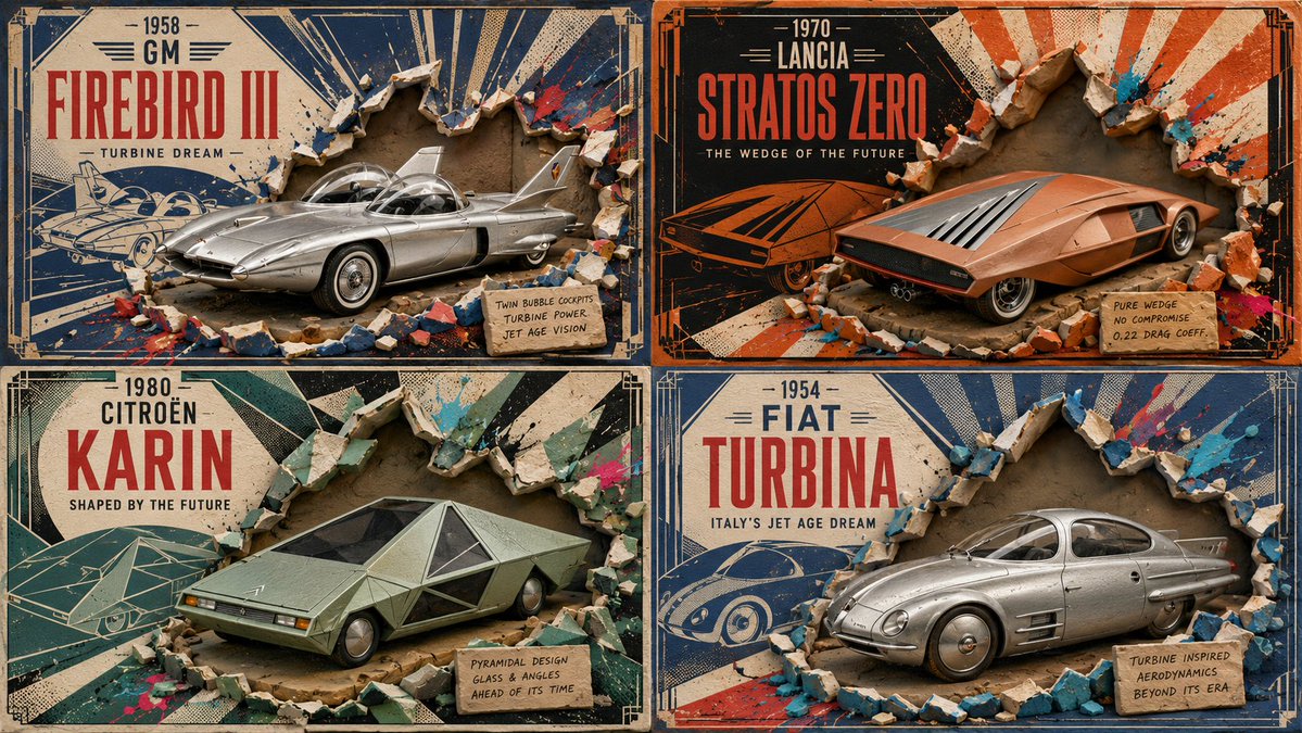 Art Deco poster of a strange classic car with clay diorama center