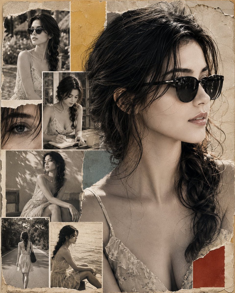 A stylish woman in black sunglasses poses in a vintage collage
