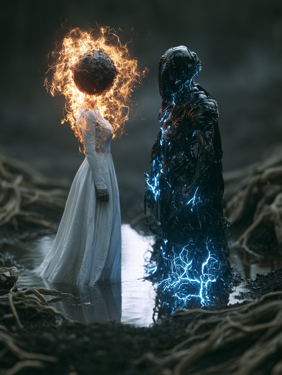 Two mystical beings stand in a reflective forest puddle.