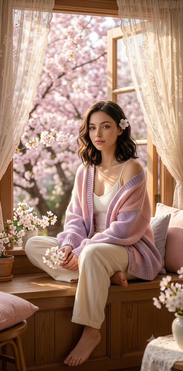 Woman with blossom sits by sunlit window in spring morning