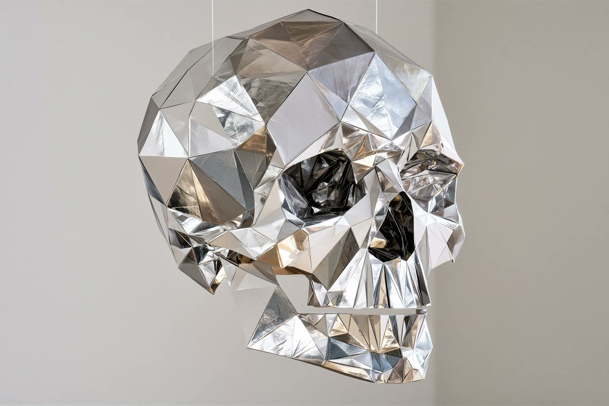 Metallic origami sculpture glows with silver reflections in a minimal void.