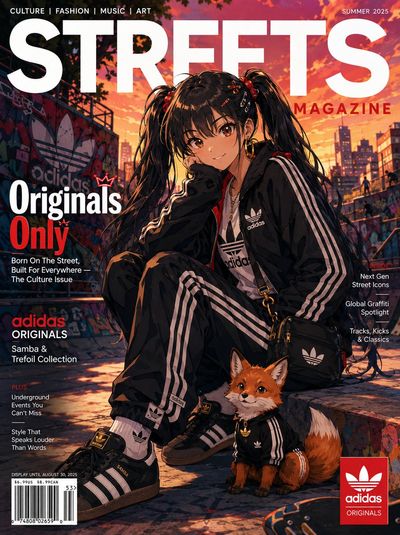 Anime girl in Adidas tracksuit poses with baby fox at sunset