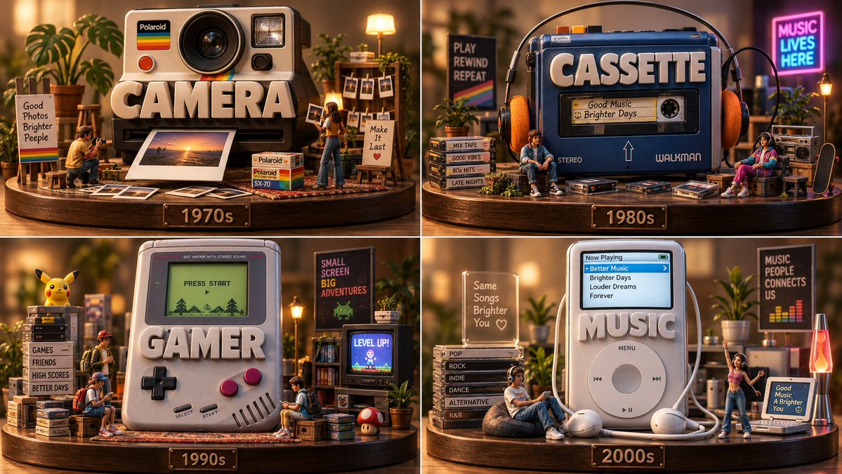 A giant Game Boy transforms into a miniature retro gaming world