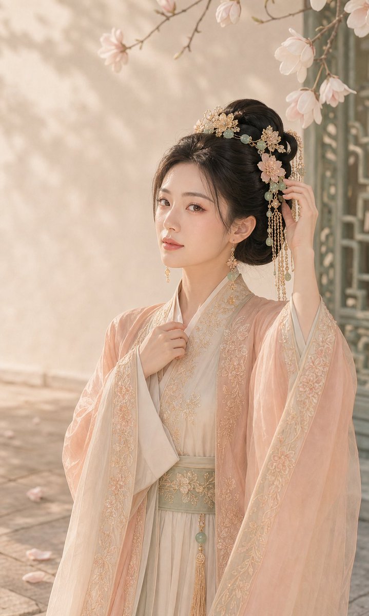 A woman adjusts her jade hairpin on a spring balcony