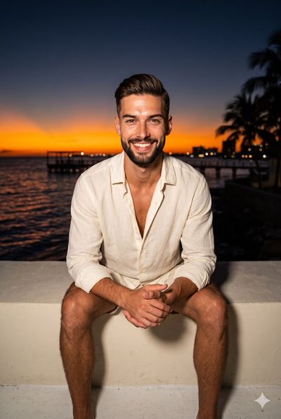 A young man smiles in front of a sunset ocean with clasped hands