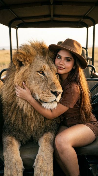 Girl hugs a massive lion in golden hour safari light