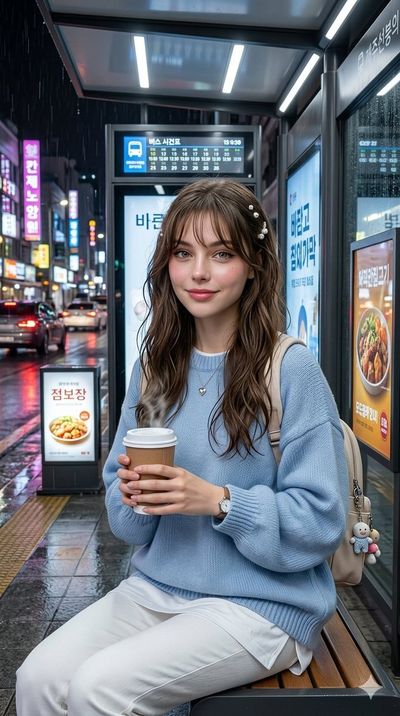 A woman waits for a bus in Korean rain with warm coffee
