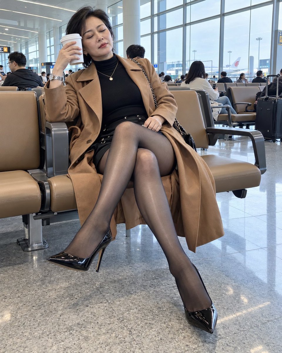 Middle-aged woman rests on airport bench with coffee cup
