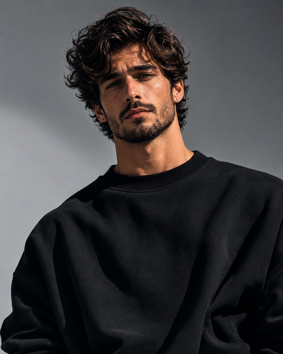 A confident man in a black sweatshirt stares intently upward