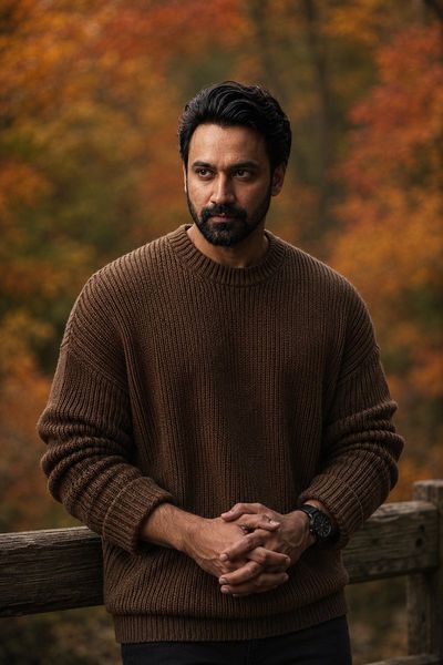 A young man in a chunky sweater stands thoughtfully in an autumn forest.