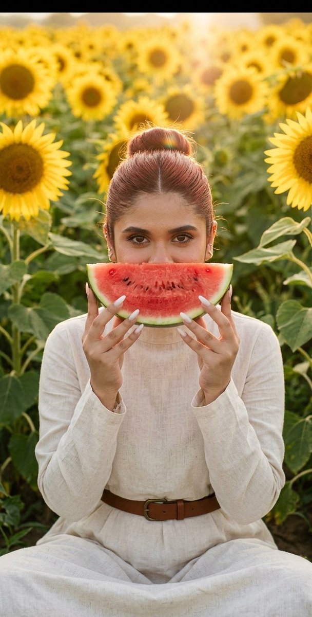 A girl holds watermelon in a sunflower field during golden hour