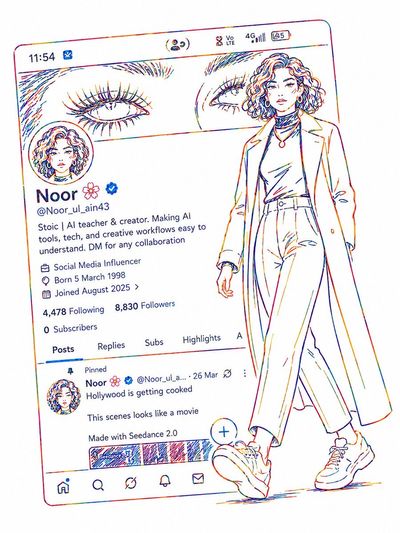 Neon line-art female creator walks beside futuristic profile UI