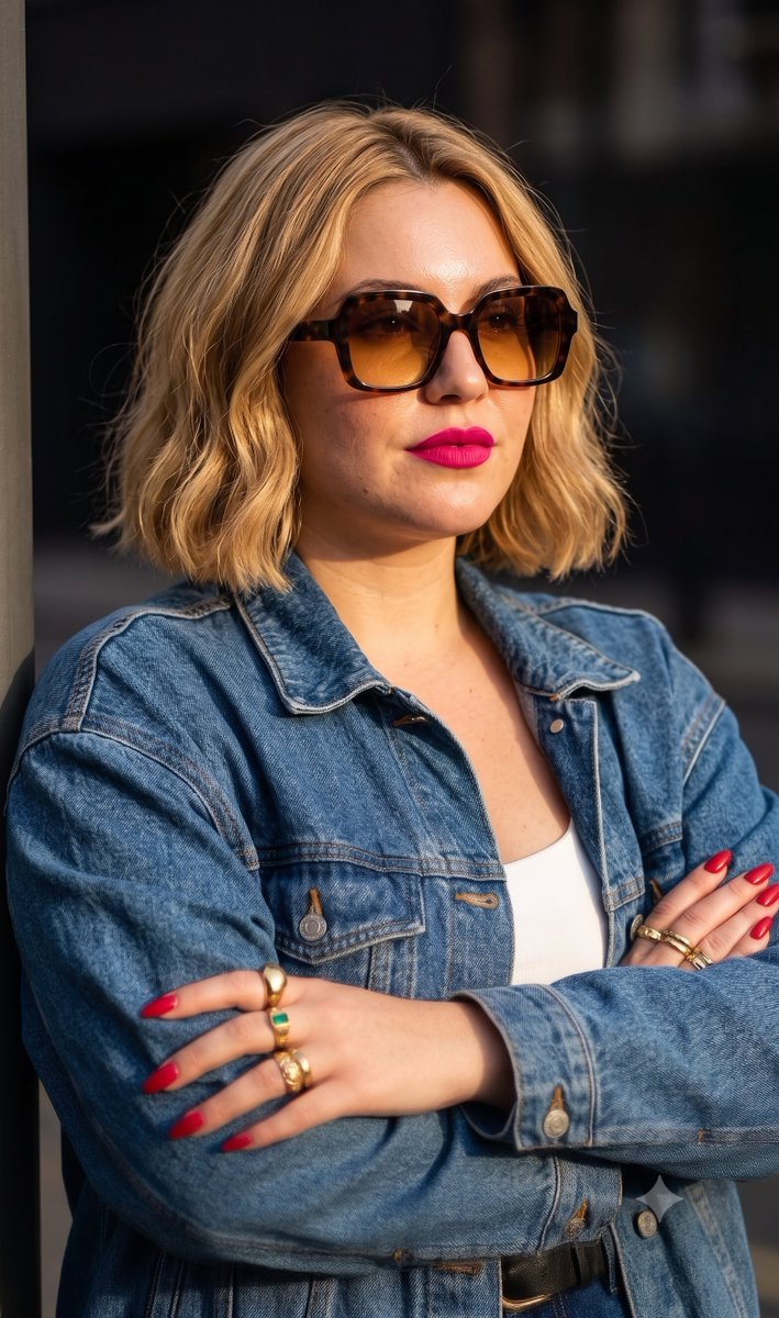 Golden hour portrait of a woman in denim jacket with amber glasses