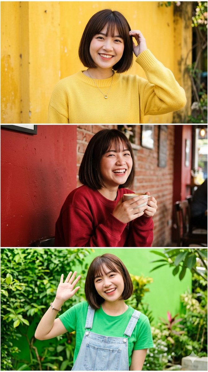 A joyful woman in three colorful frames shows her radiant smiles
