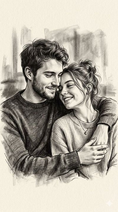 A young couple shares a warm embrace in charcoal portrait