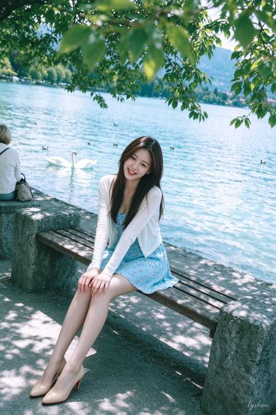 Sunlit Lakeside Portrait of a Seated East Asian Woman Smiling