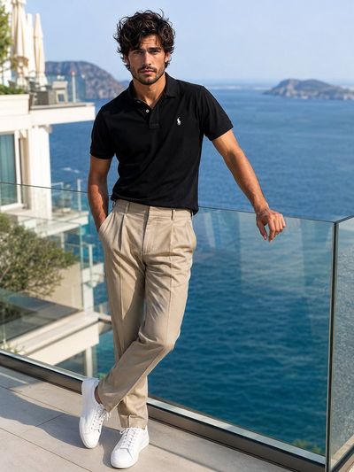 Young model leans on glass railing at a luxury seaside resort