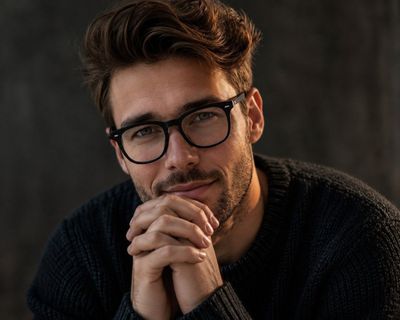Man in dark knit gazes intently with interlaced fingers