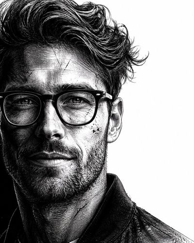 Intense gaze emerges from ink shadows in neo-noir portrait