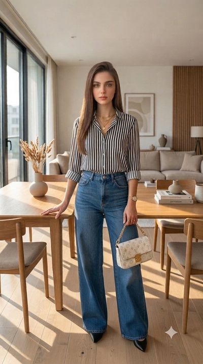 Young woman in striped shirt poses in sunlit modern apartment