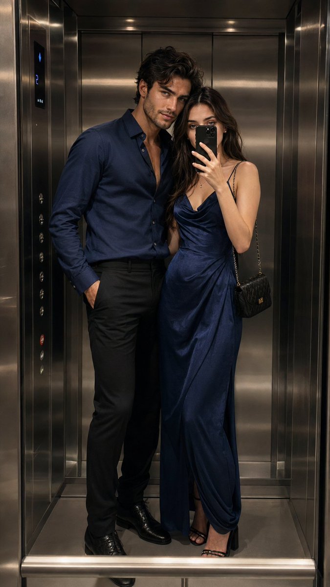 Elegant couple shares an intimate mirror selfie in a luxury elevator