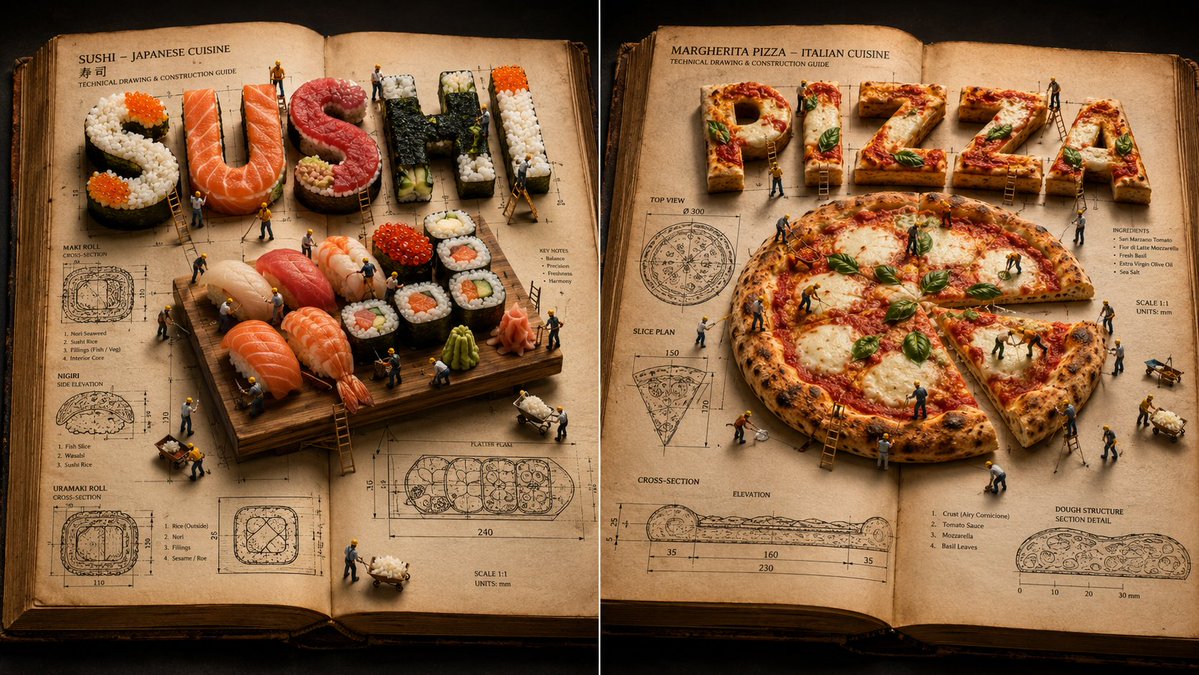 Antique book reveals CAD wireframes of sushi and pizza