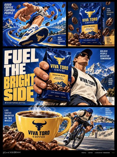 VIVA TORO coffee bag repeated at three scales on black campaign board