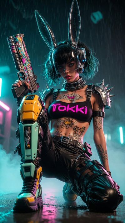 Cyberpunk Huntress in Neon Alley