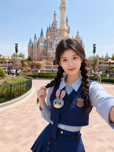 A cheerful tourist takes a selfie before a fairytale castle