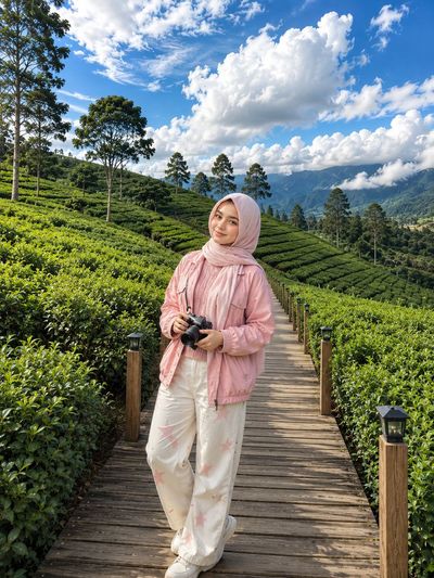 A young woman in pink hijab photographs lush green tea fields