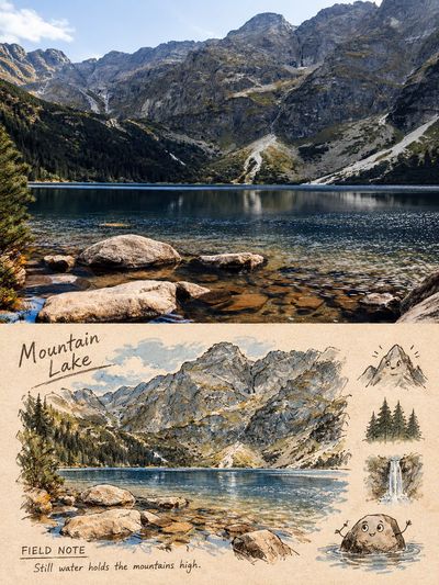 Travel photo transforms into hand-drawn field note with rhyming sketch