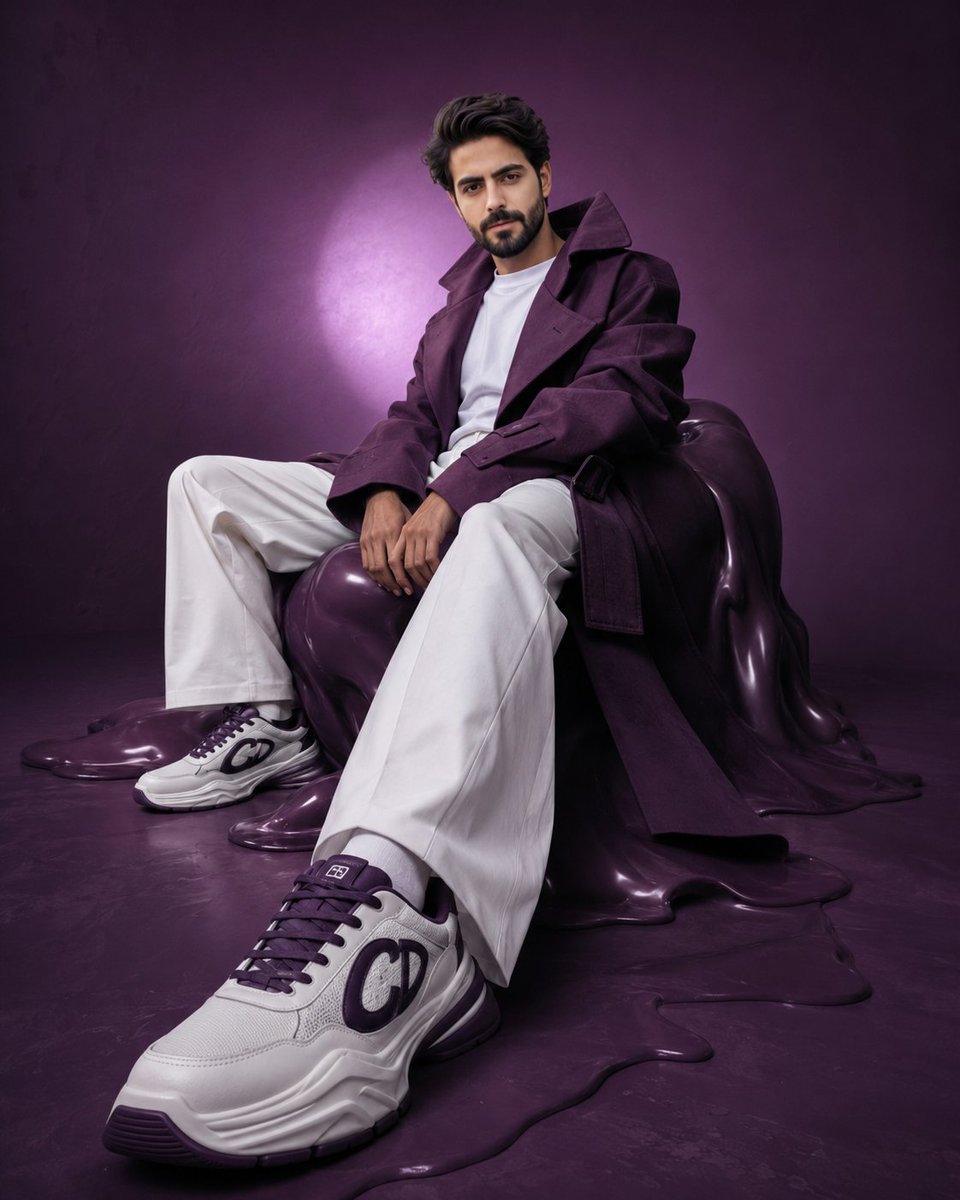A low-angle shot emphasizes the forward sneaker in an editorial