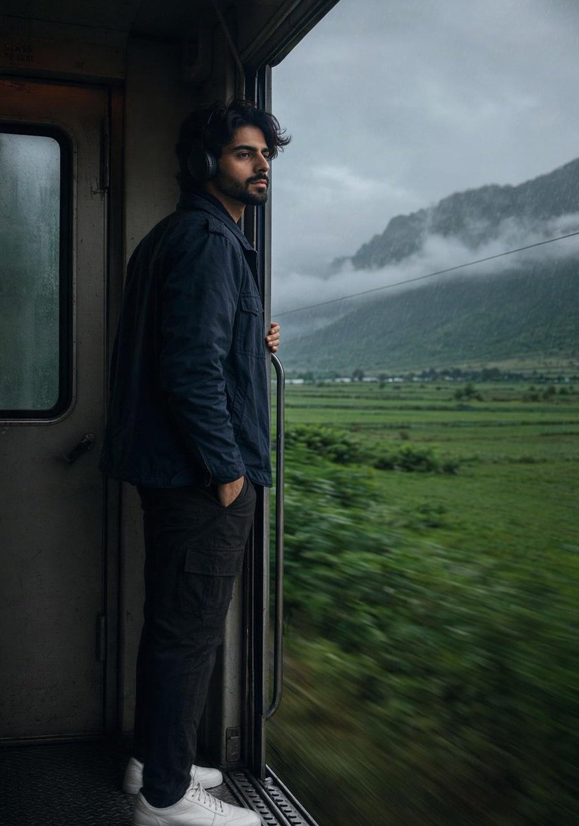 A young man in a navy jacket stands at the train door in the rain.