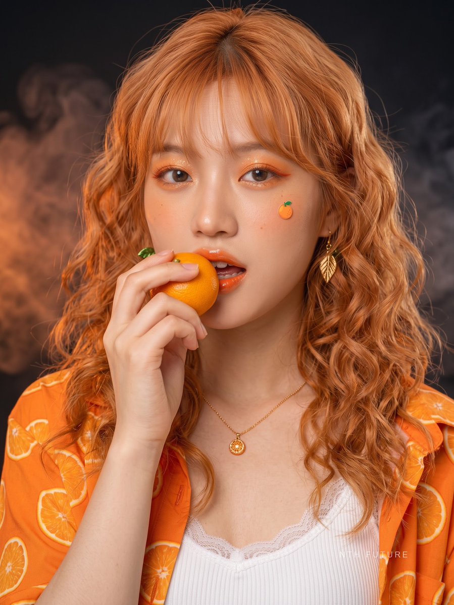 Vibrant orange makeup and curly hair define this close-up portrait