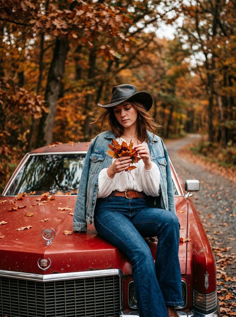 Woman in cowboy hat sits on red Cadillac under autumn trees