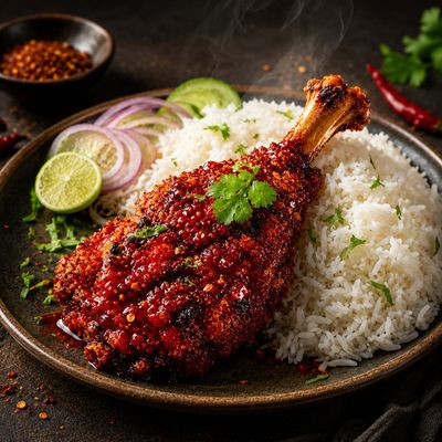 Crispy spicy chicken leg rests on steaming rice with herbs