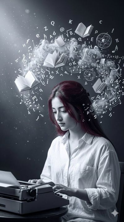 A young woman types as luminous thoughts swirl around her head.