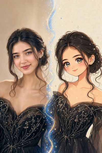 Real photo transforms into anime chibi with magical stardust