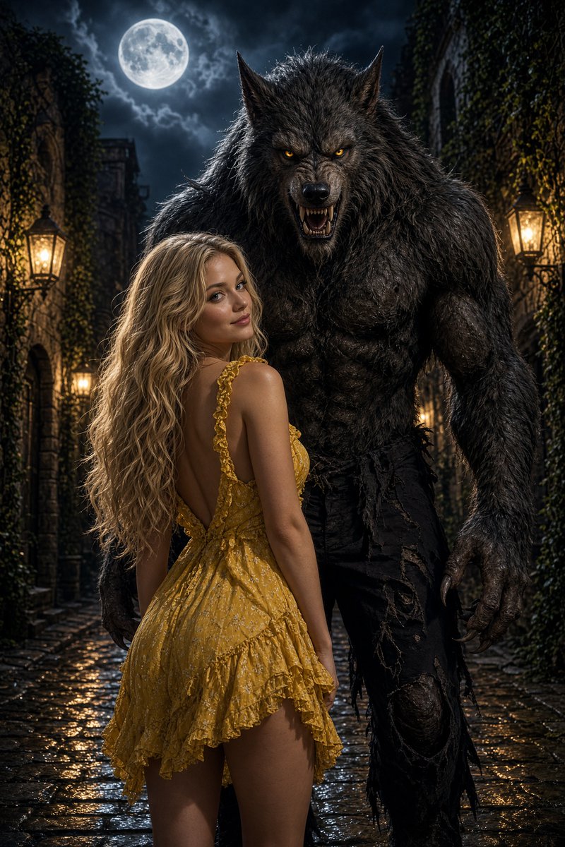 Blonde Woman Gazes Back While Werewolf Looms Behind Her