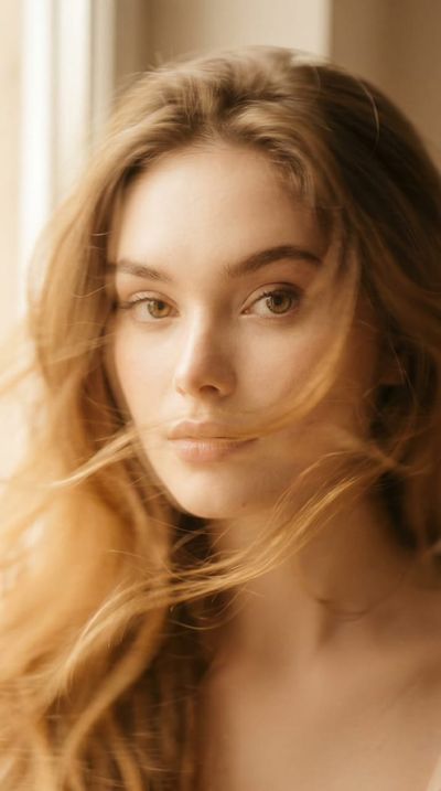 A serene woman's ghosted motion portrait glows in golden sepia tones