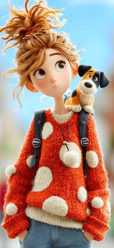 Whimsical 3D Girl with Dreamy Expression & Adorable Animal Companion